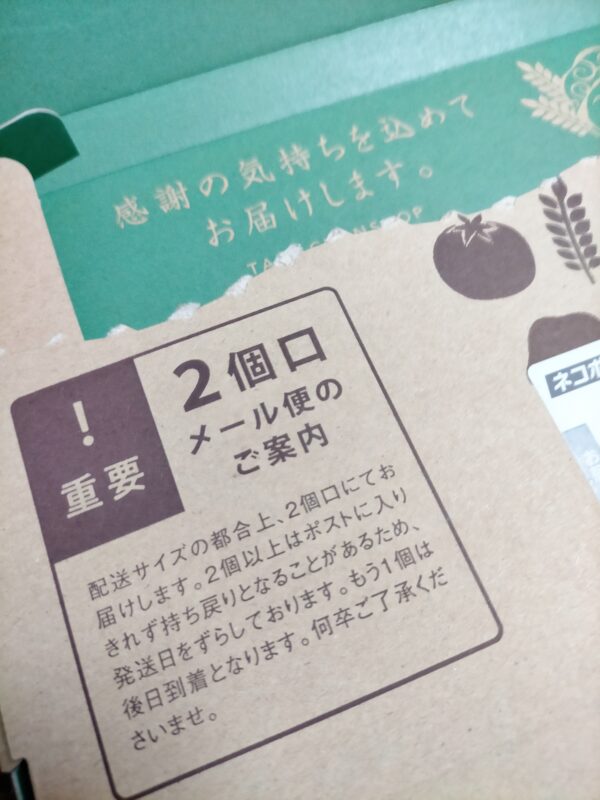 ネコポス(メール便)2個口による配送1