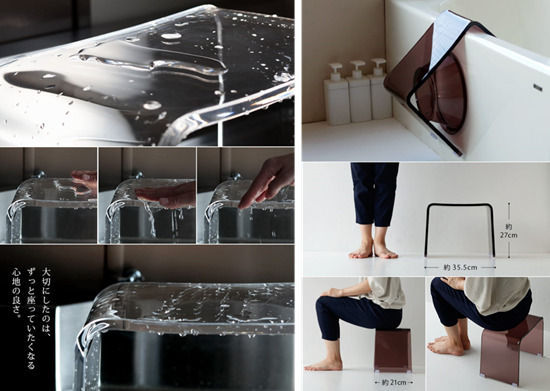 バスチェア＆ウォッシュボール：濡れた様子や寸法、座った様子が掲載されている
