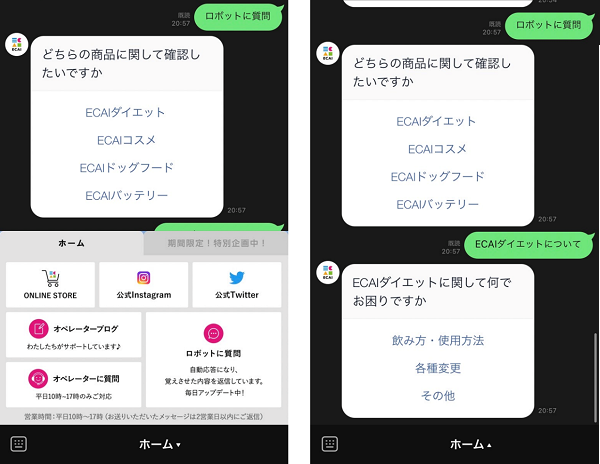 画像左「ロボットに質問」を押すと設計したシナリオで回答が可能（デザインなど自由に調整できる）