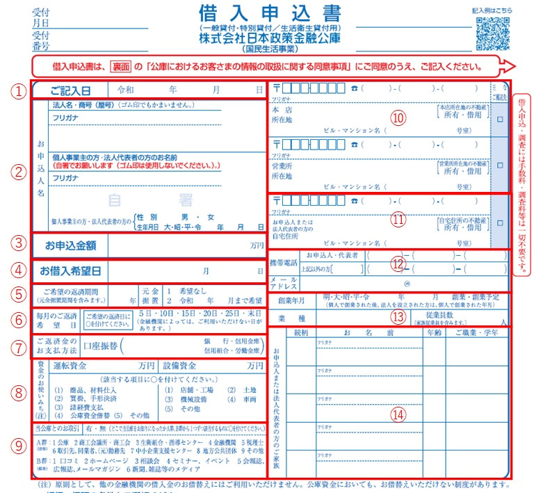 日本政策金融公庫の借入申込書と記入例