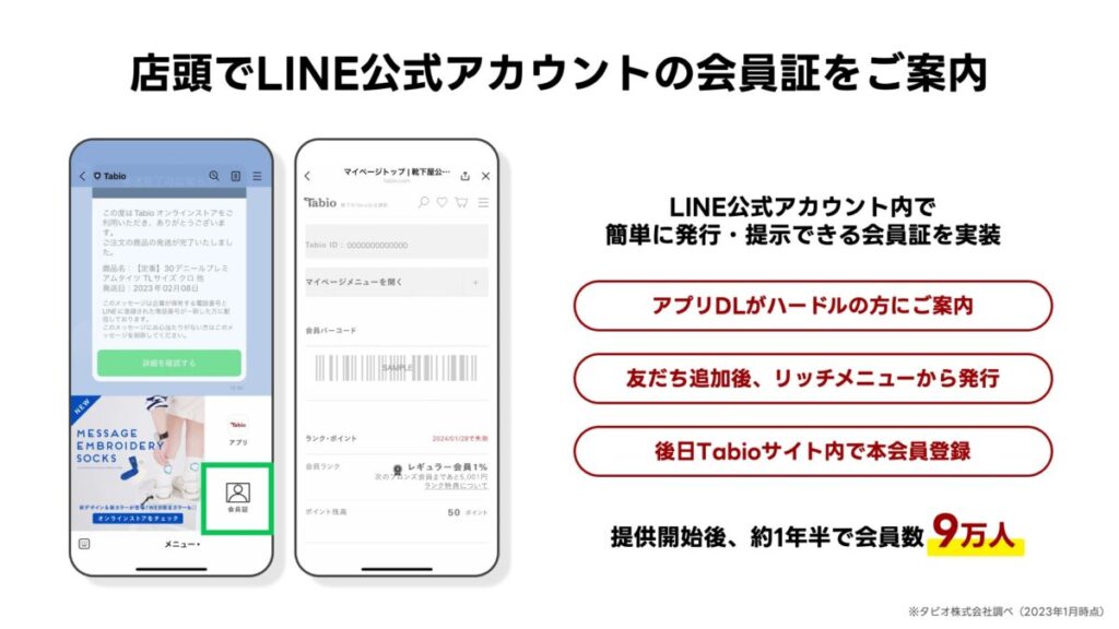 Tabioの店頭でのLINE公式アカウントの会員証（デジタル会員証）