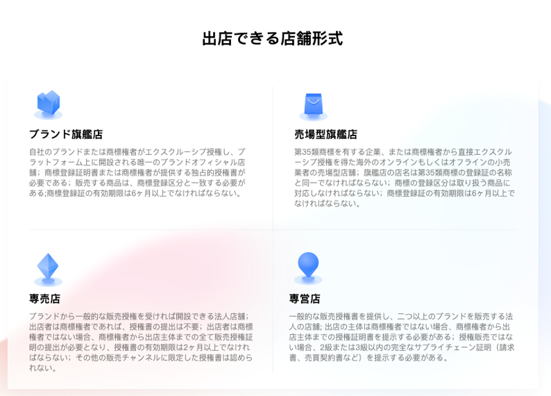 DouyinECの出店可能な店舗形式